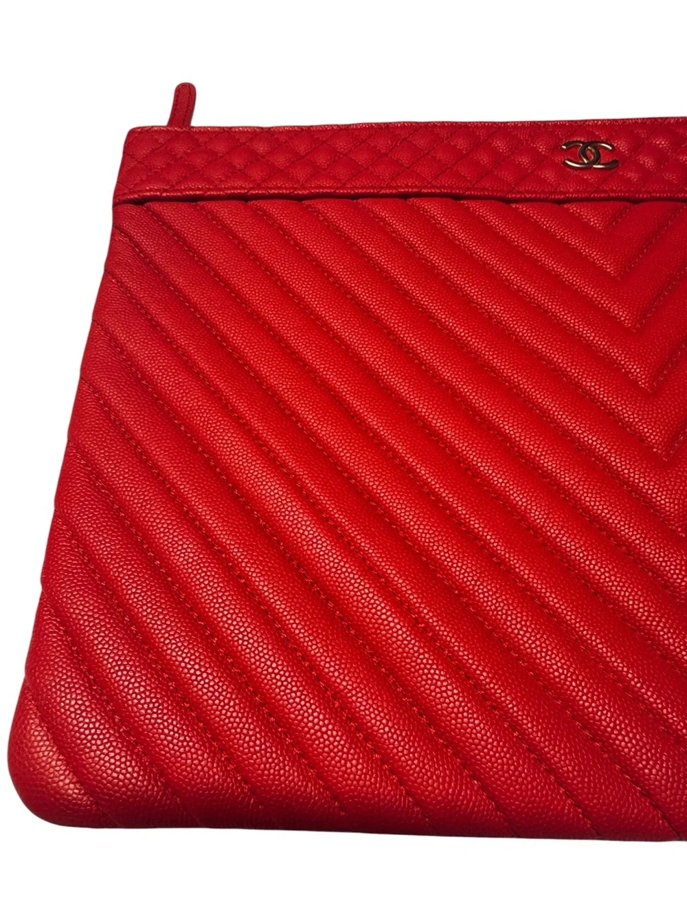 Chanel Crimson Pink Caviar Chevron O Case GHW Zip Clutch